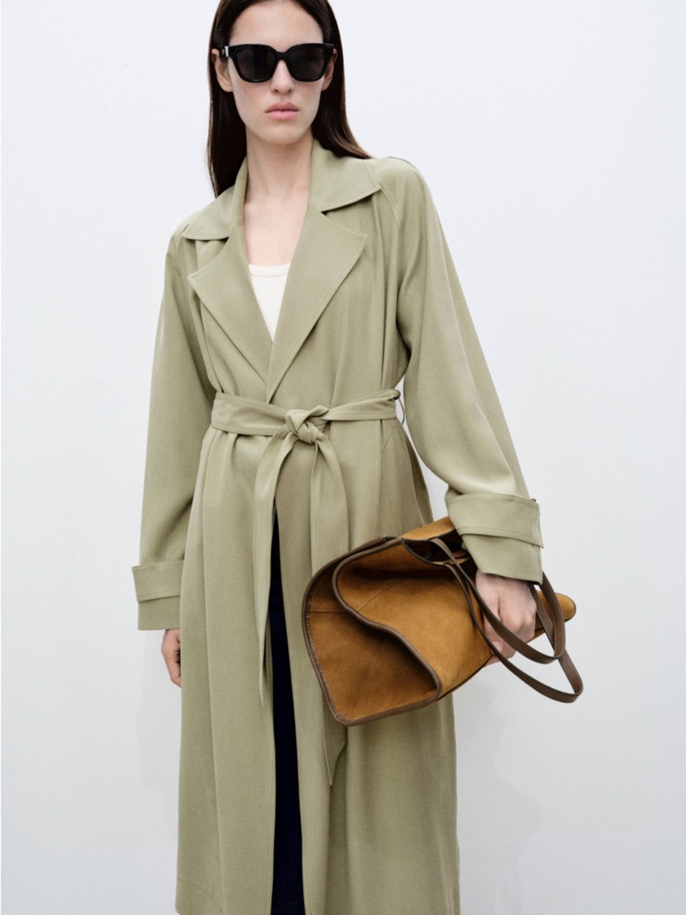 Mango Light Sage Green Trench Coat with Belt